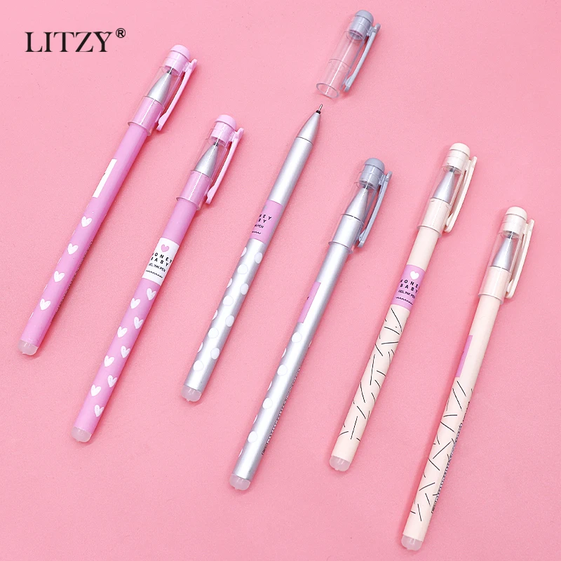 

6Pcs/Set Heart Dots Erasable Pen 0.38mm Blue Black Ink Magic Ballpoint Pens for School Student Writing Stationery