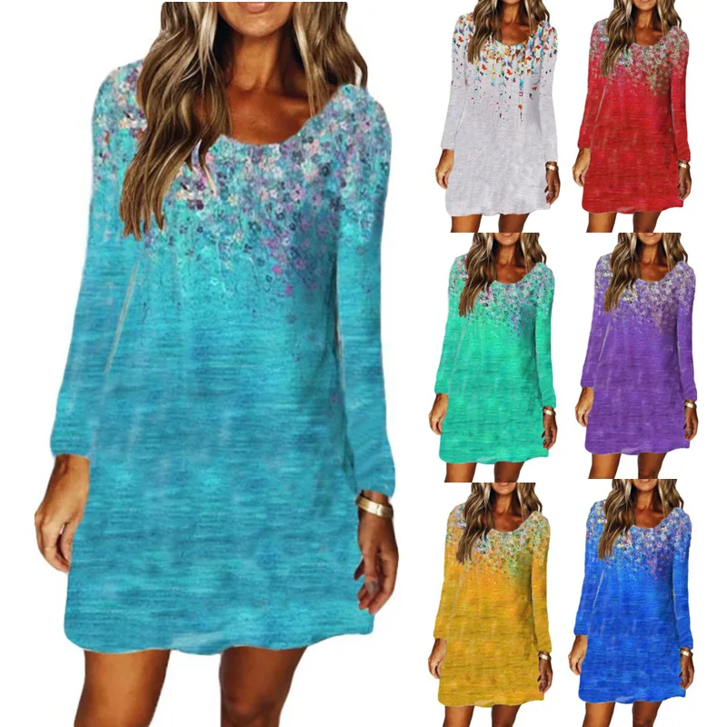 

Женский пуловер с круглым вырезом, свободное повседневное женское платье с длинным рукавом и принтом