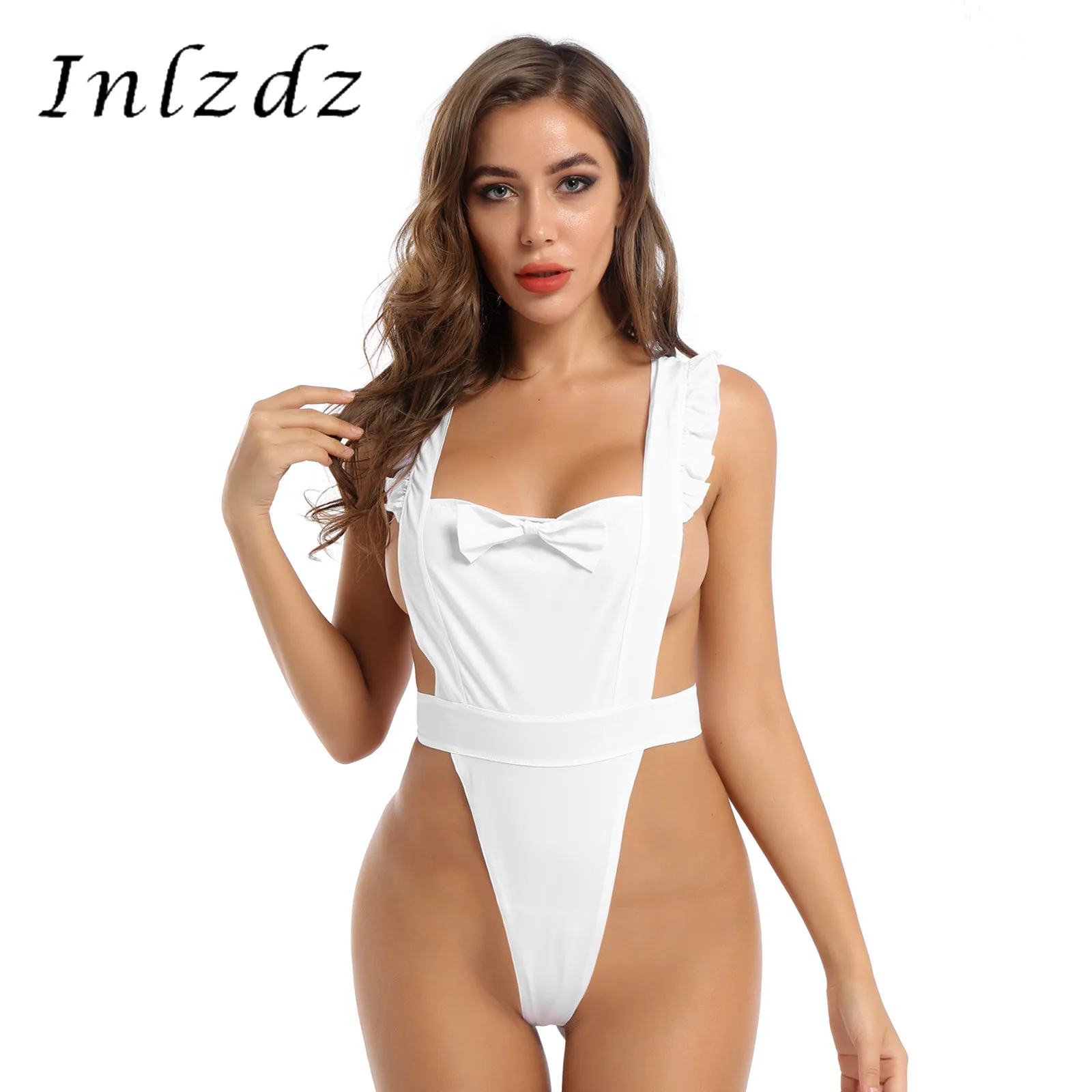 

Женское нижнее белье горничной комбинезон с бантом и рюшами на шнуровке цельное без рукавов с открытой спиной Эротическое Боди Косплей Кос...