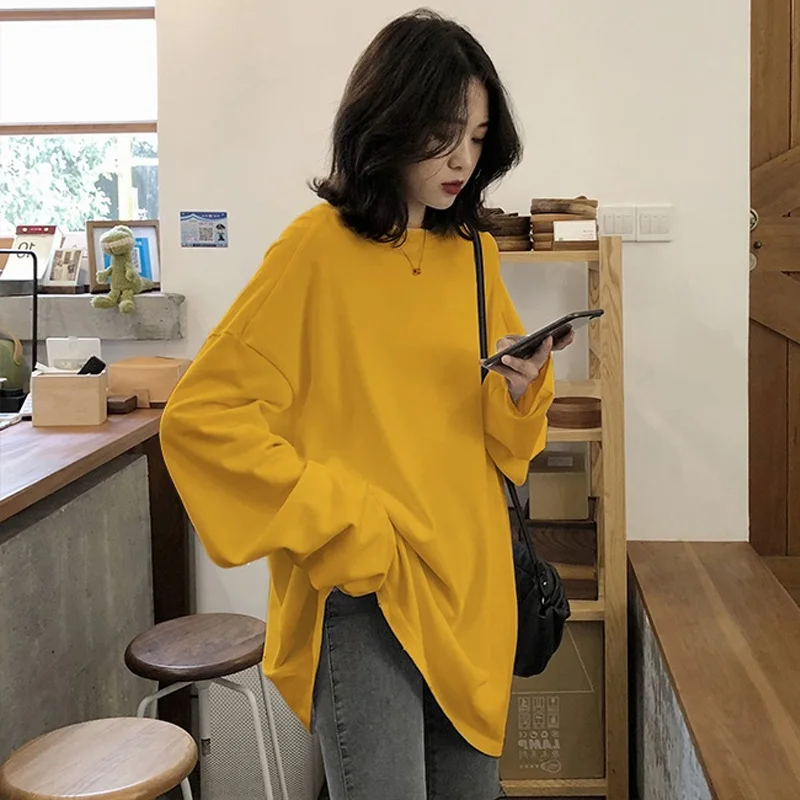 

90s White yellow long Sleeve Tops spring autumn Solid Simple oversized tshirt harajuku long T Shirt Women kawaii T-shirts Women