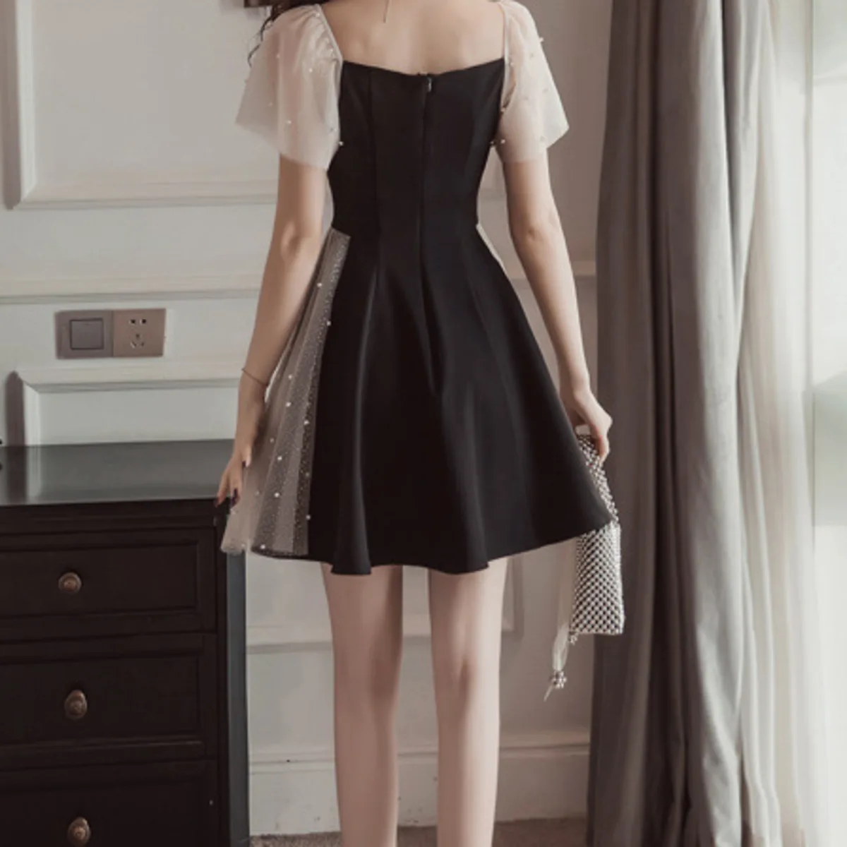 

BacklakeGirls New Sexy V Neck Mesh Puff Sleeves Women A-line Cocktail Dress Slim Short Sleeve Temperament Fashion Party Dress