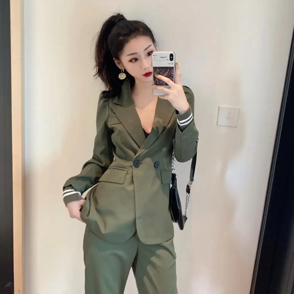 Модные брючные костюмы для женщин осень зима новый стиль армейский зеленый