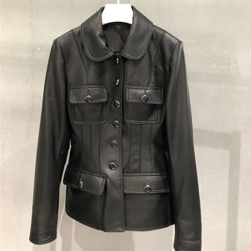 Fashion Brand Autumn Real Leather Coat Women Casual Slim Fashion Streetwear Sheep Leather Jacket Black White Female Clothes