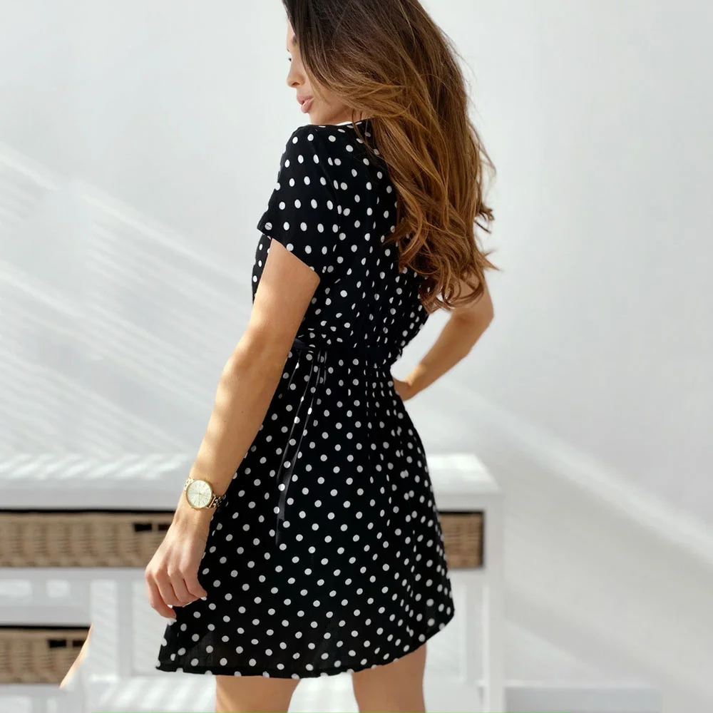 

Casual Dress For Bohemian Women Beach Sexy Deep V Neck Summer Short Sleeve Fashion Print Polka Dot Belt Elegant Ladies Dress