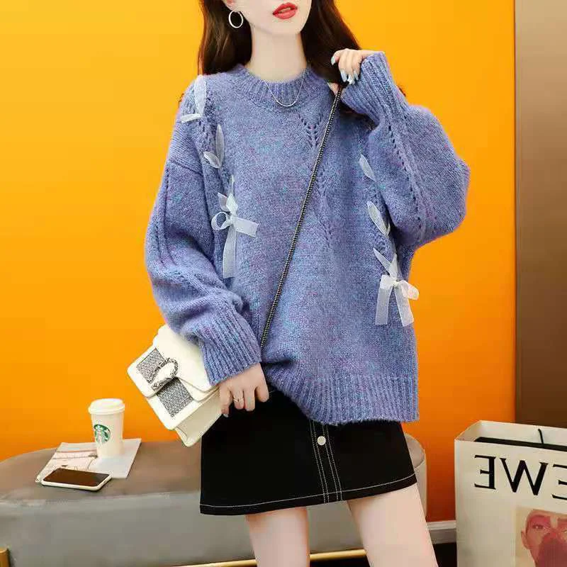 

Women Knitted Sweater Fashion Bow Pullovers Ladies Slim Sweaters Preppy Style Female Solid Jumper Warm O Neck Outerwear Autumn