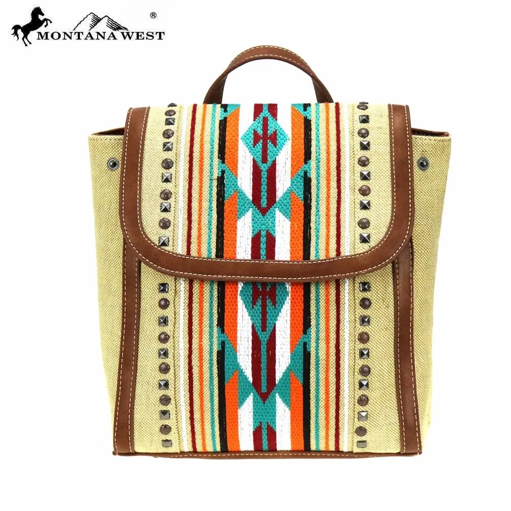 

Aztec Collection Backpack PU Leather and Canvas Embroidered Aztec Pattern