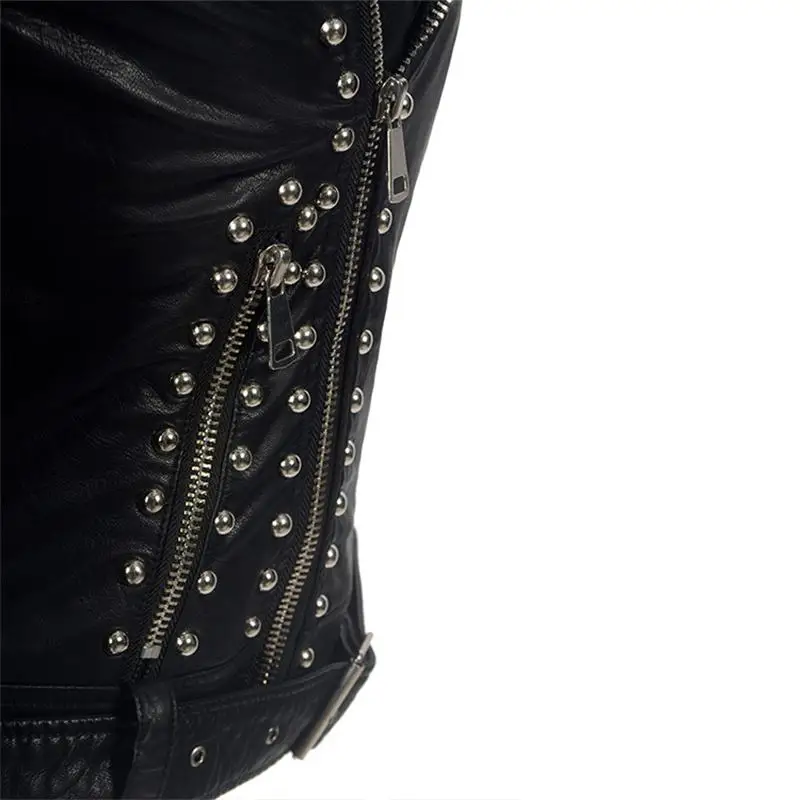 Explosion style hot sale ladies black lapel zipper leather jacket punk rivet pu plus size jacket