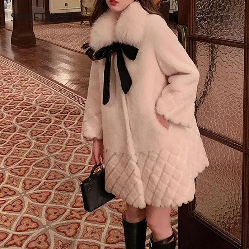Women Winter Thick Warm Solid Rhombus Pattern Jacket Female Elegant Bow Faux Fur Coats Lady Single Breasted Outerwear 2022