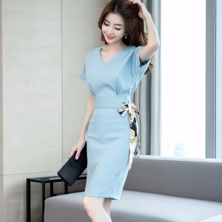 

OL business attire Women's Dress Summer Spring V-Neck Short sleeve A-Line Women's Dress Ladies Female Clothes AA3079