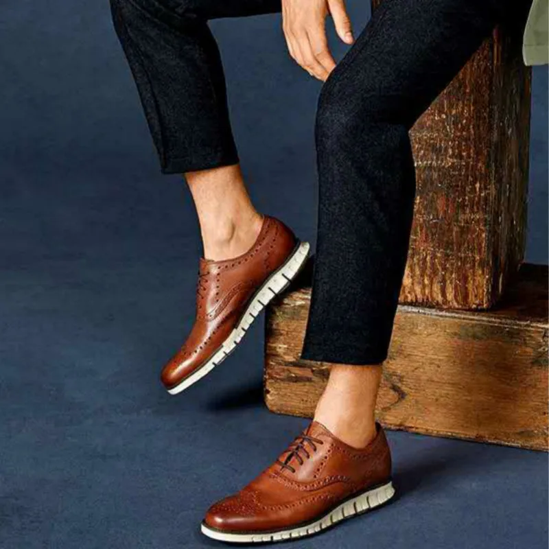 

Men Dress Shoes Carved Falt Casual Shoes Man Leather Soft Bottom Lace Up Male Borgue Shoes Nonslip Outdoor Light Chaussure Homme