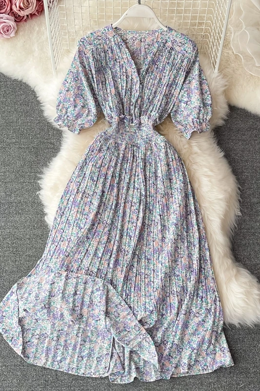 

French Vintage pleated Maxi Dress summer women's V-neck puff Sleeve elastic waist casual MIDI dress elegant office Chiffon Robes