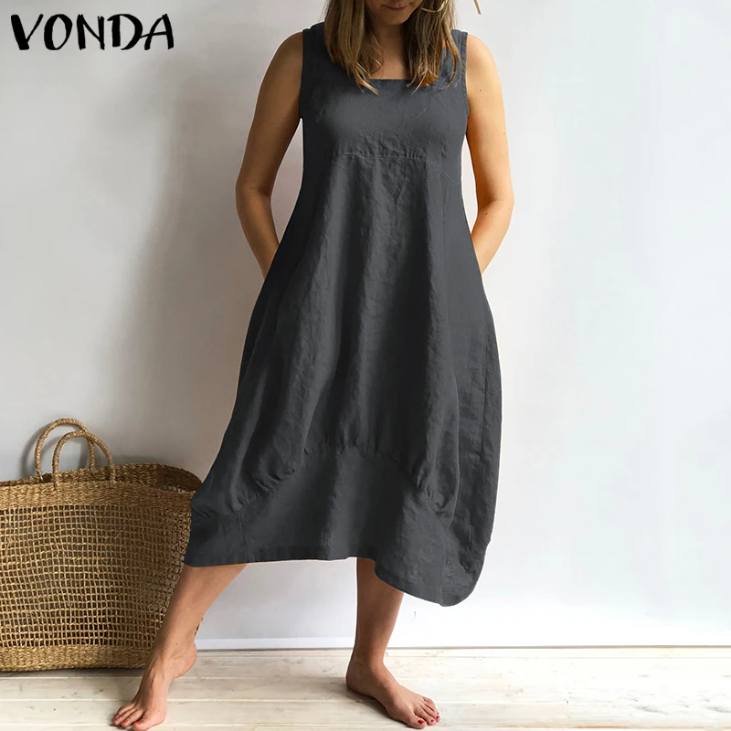 Женское платье VONDA летние сексуальные хлопковые платья без рукавов с квадратным вырезом до середины икры повседневные свободные винтажные платья размера плюс Vestidos