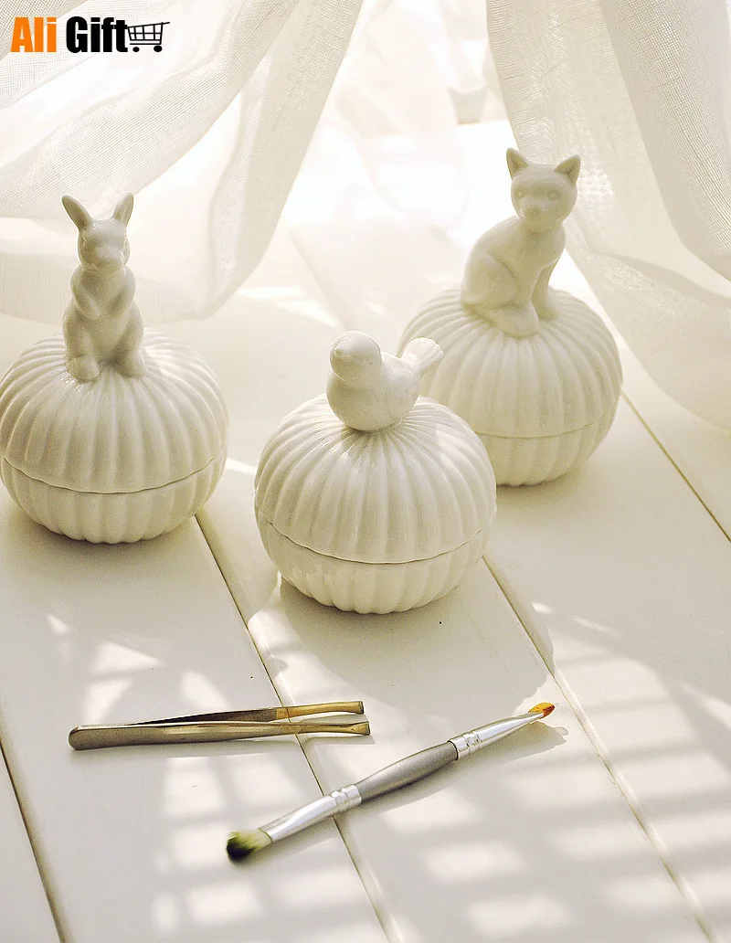 White Ceramic Cute Little Animal Jewelry Box Rabbit Kittens Bird Packaging Storage Cases Girl's Gift | Дом и сад