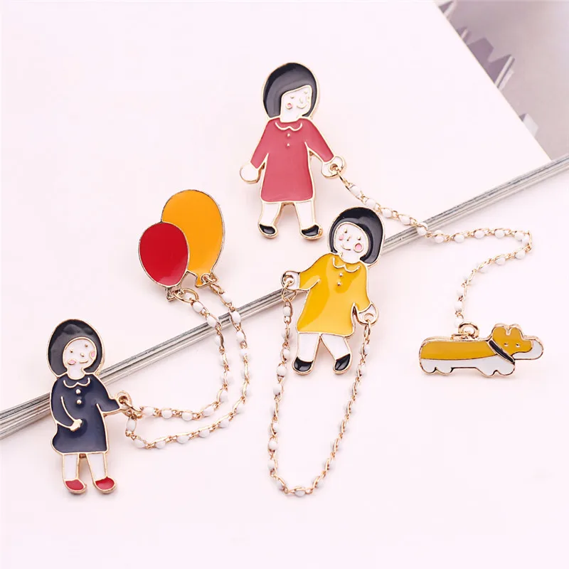 Милые Мультяшные Броши маленькая девочка прогулки с собакой скакалок положить шар Брошь цепочкой для детей