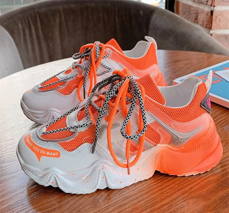 

Кроссовки женские сетчатые на шнуровке, повседневная обувь для тренировок, Вулканизированная подошва, синие, оранжевые