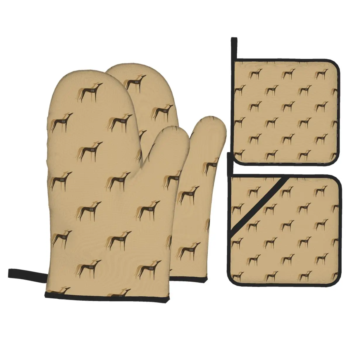 

4Pcs Oven Mitts And Pot Holder Set Baking Insulation Microwave Heat Resistant Non-slip Gloves Greyhound Dog Pattern Dropshipping