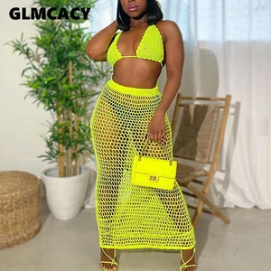 Летний ажурный вязаный комплект из двух предметов, женские сексуальные прозрачные Клубные костюмы с бюстгальтером, топ и шорты, повседневные пляжные наряды