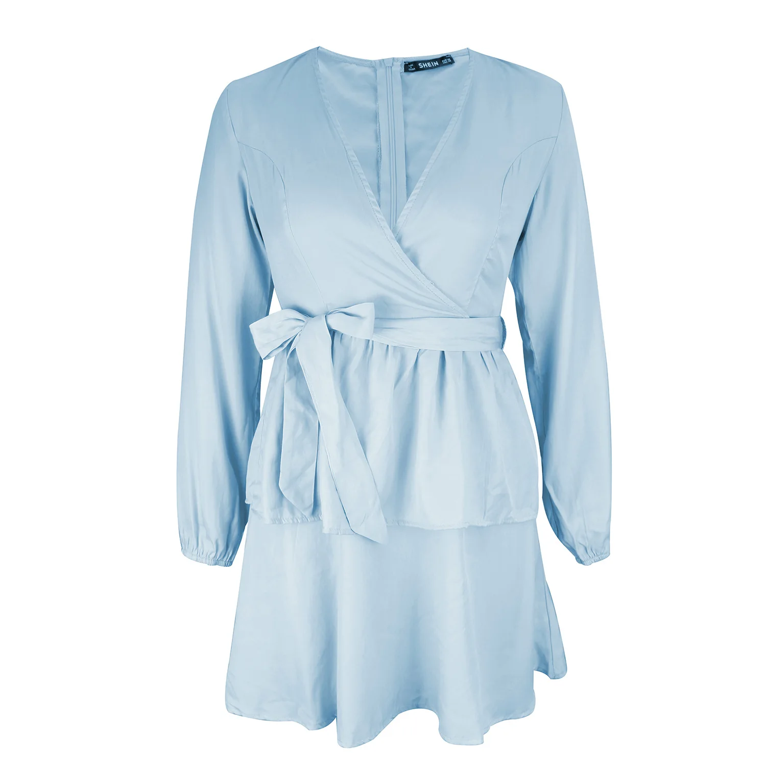 

2021 New Pure Color V Neck Slim Fresh Sweet Tie Ladies Dress Spring Summer Fahion High Waist Full Sleeve Women's Dress