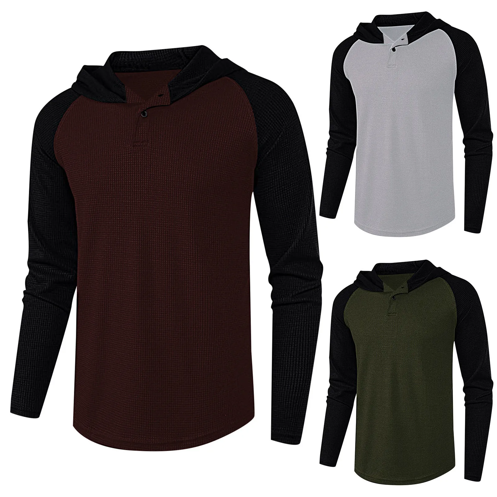 

JAYCOSIN Men's Casual Hooded T-Shirt Autumn Stitching Solid Color Slim Button Long Sleeve High Quality Basic T-shirt Top #40
