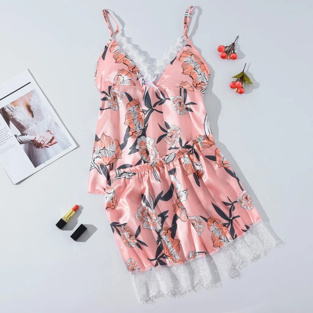 Женские пижамы милые атласные с цветочным принтом шелковое белье бантом