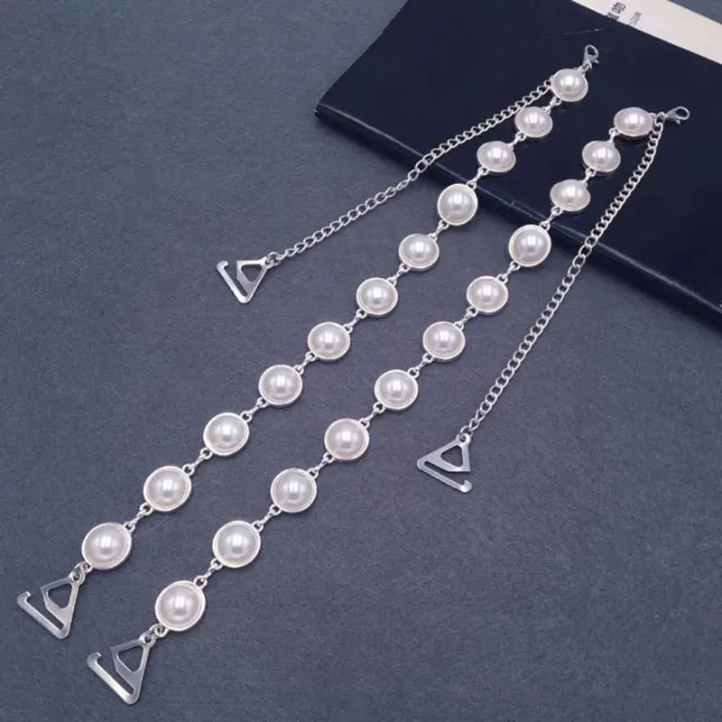 

K3NF Womens Decorative Bra Straps Luxury Imitation Pearl Beaded Shoulder Chain Replacement Removable Adjustable With Metal Hooks