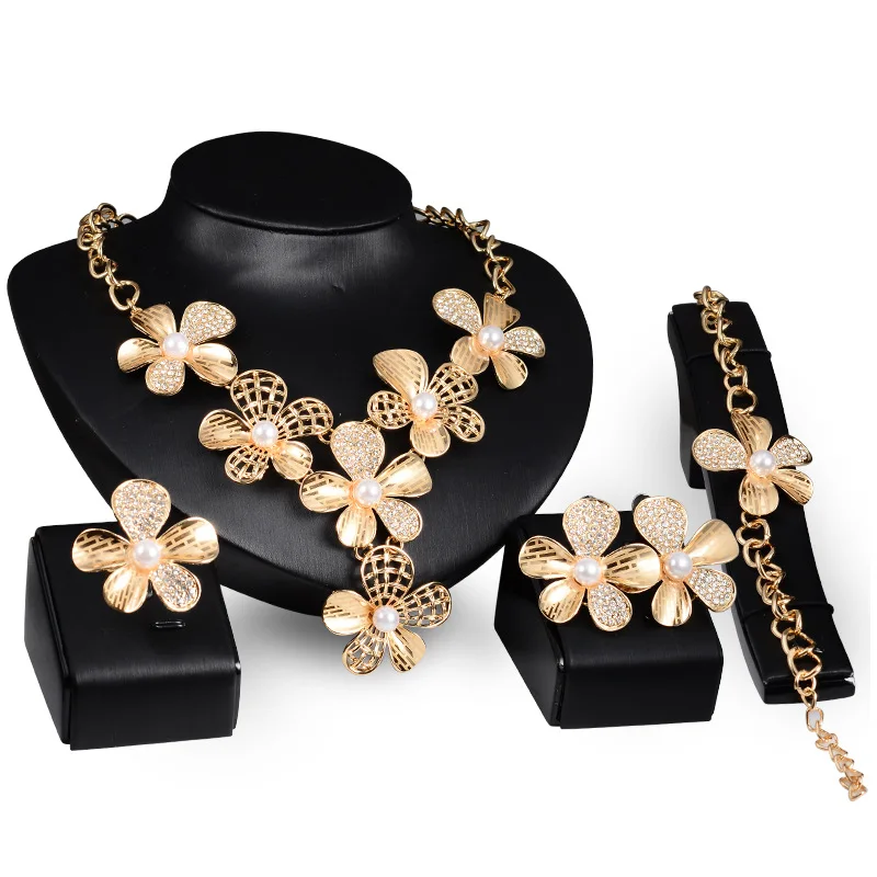 

Bridal Jewelry Set 18K Gold Filled Exaggerated Flowers Blossoming Necklace Earring Bracelet Ring Set
