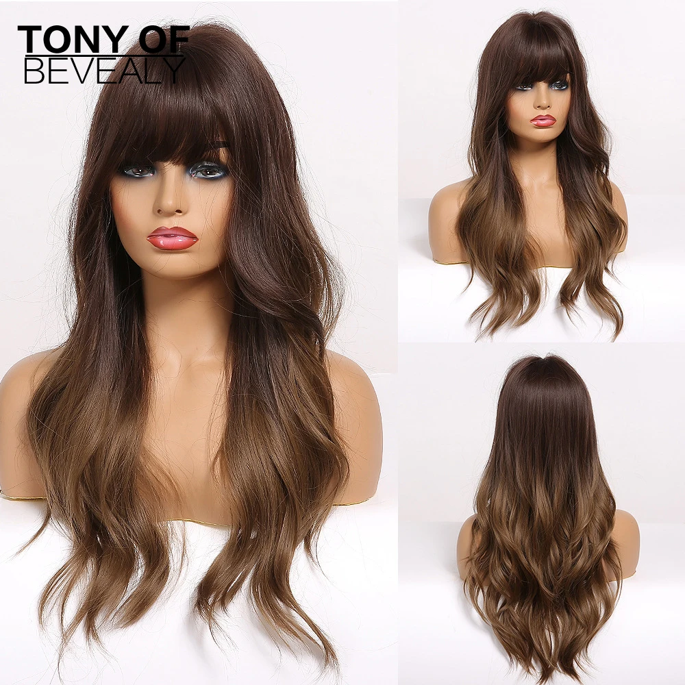 Длинные волнистые синтетические парики Омбре коричневого цвета с челкой