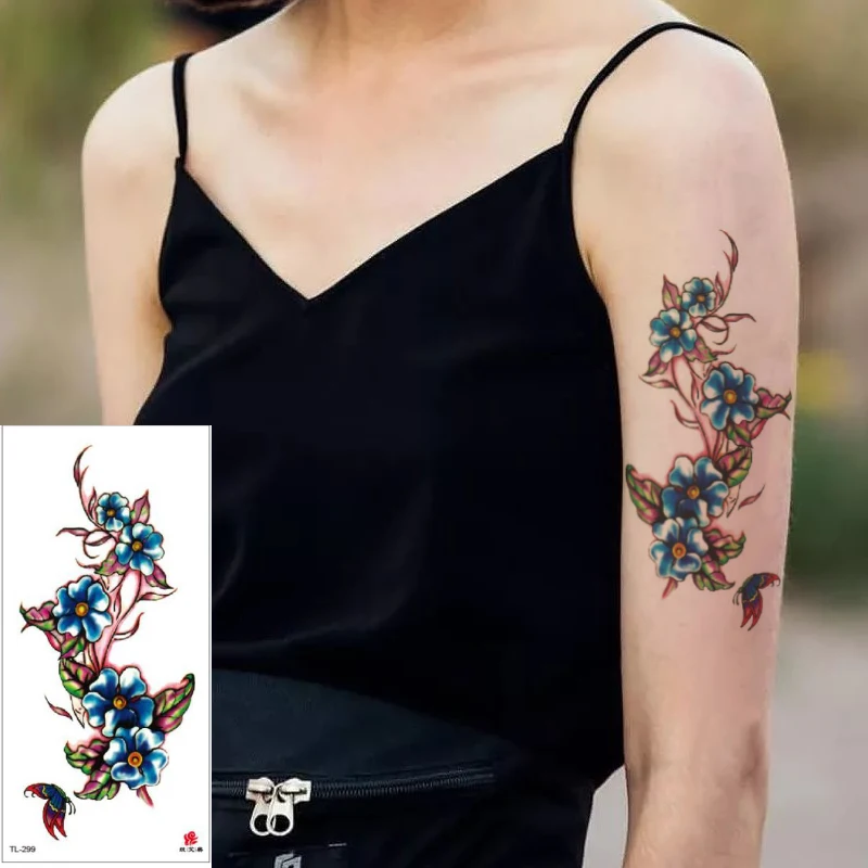 Тату-наклейка с синими цветами временное боди-арт дизайн рук ног талии плеч
