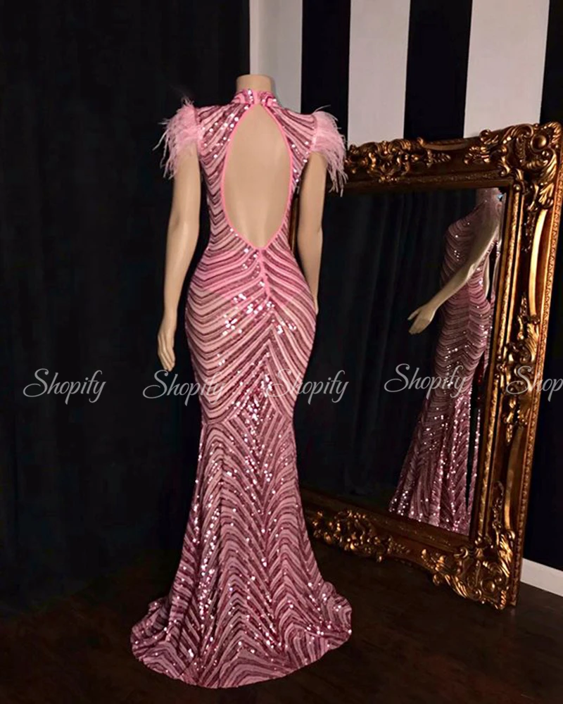 

Long Prom Dresses 2020 High Neck Mermaid Style Backless Pink Sequin Feather African Black Girl Prom Dress
