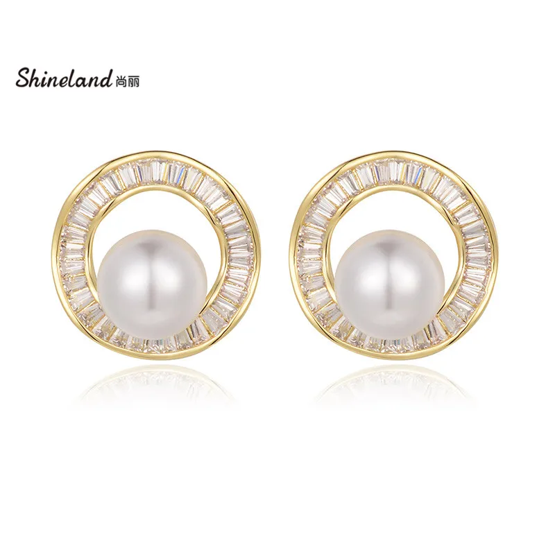 

Shineland Mother's Day Gift Elegant Round Imitation Pearl Stud Earrings Crystal High Quality Geometric Fashion Exquisite Jewelry