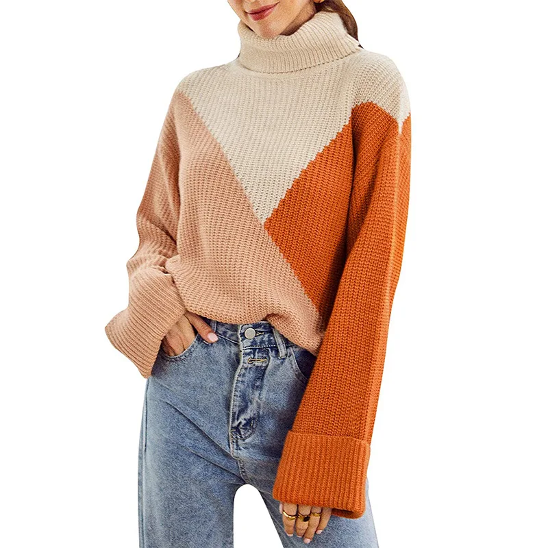 

2021 Women's Long-sleeved Stitched Color High-neck Sweater Knitted Sweater Sweater Winter Clothes Women