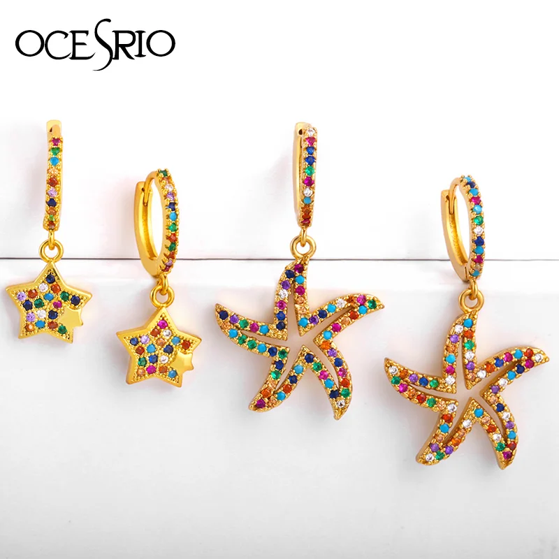 Роскошные серьги OCESRIO в виде радужной морской звезды из золота 24 К с цирконами