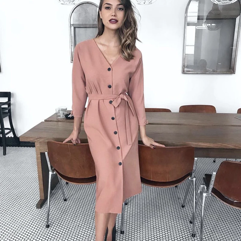 Women Sexy V Neck Sashes Button Dress Ladies Long Sleeve Party Midi Autumn Winter Casual Loose Elegant Dresses YL37 | Женская одежда