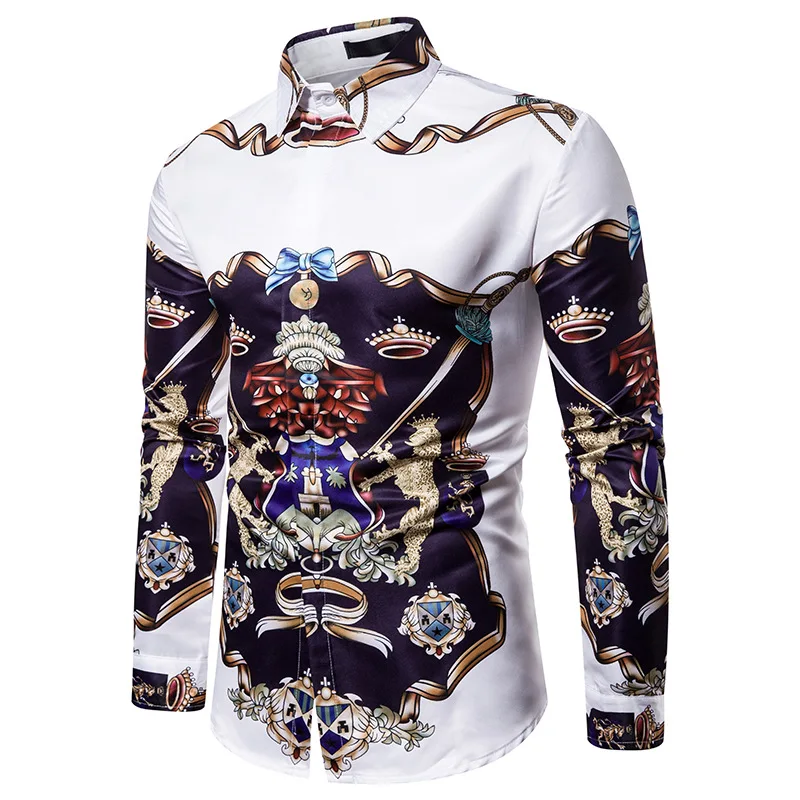 Luxury Royal Mens Shirts Casual Slim Fit Cross Gemstone Printed Long Sleeve Slim Fit Chemise Homme Men Prom Party Tuxedo Shirt - Color: C528-White