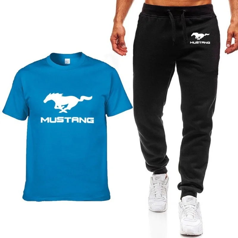 

Fashion Summer Men T Shirts for Mustang Car Logo Printed Hip hop Casual Cotton Short Sleeve high quality T-shirt pants suit CloK