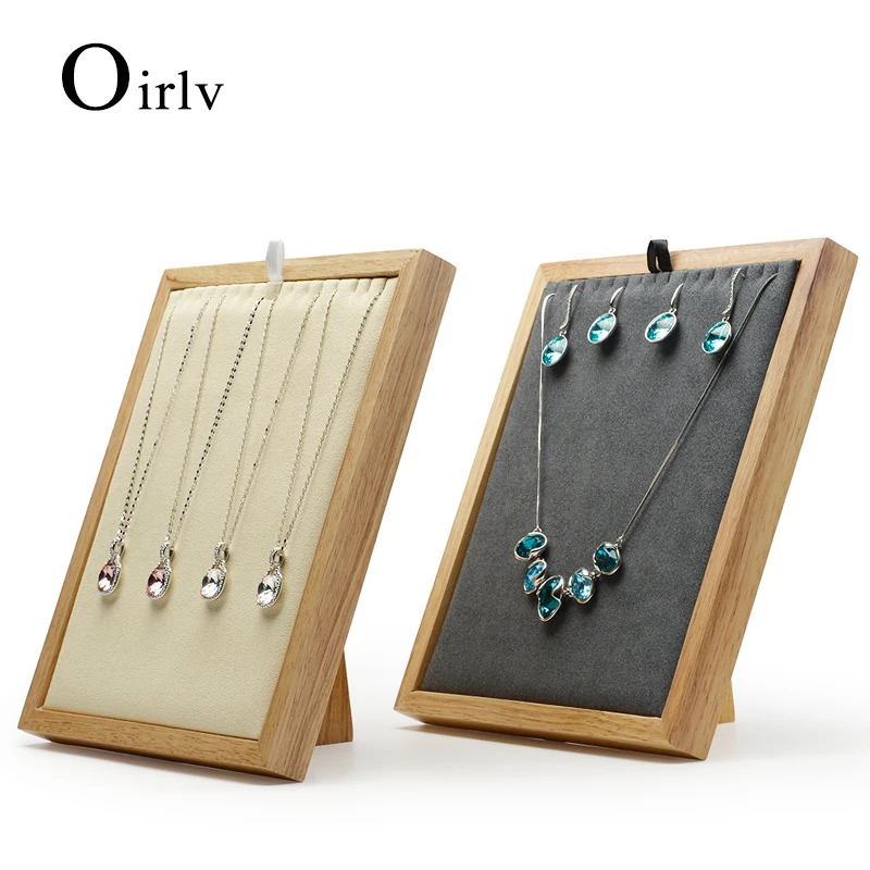 

Oirllv New Solid Wood Pendant Necklace Display Stand Earring holder Beige or Dark Gray Microfiber insert jewelry Exhibitor