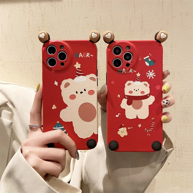 

Супер милый Рождественский чехол с медвежьими ушками для iPhone12 11 Pro Max XS Max XR X 7 8 Plus Рождественская мягкая задняя крышка из овечьей кожи Fundas