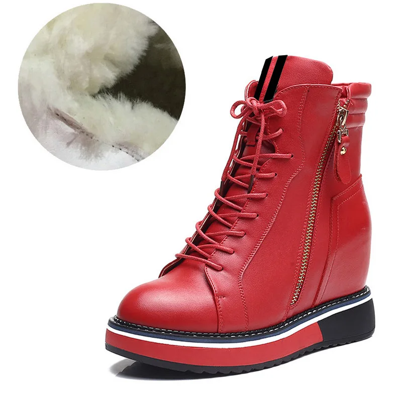 9436 red yangmao fur DORATASIA/Новые Модные ботильоны из натуральной кожи обувь, увеличивающая рост Женские Повседневные Вечерние ботинки из органической кожи на осень и зиму женская обувь 33-40 - Цвет: 9436 red yangmao fur