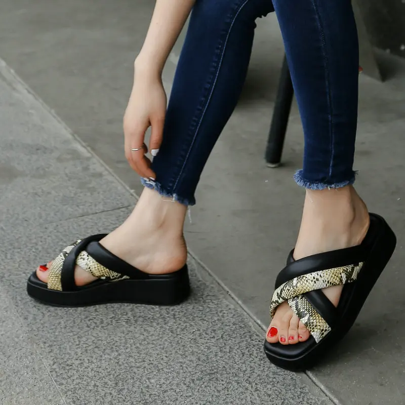 

Mixed colors flat platform Ladies slippers 2021 Summer Genuine Leatehr Shoes For Women Newest Wedding Working Women shoes