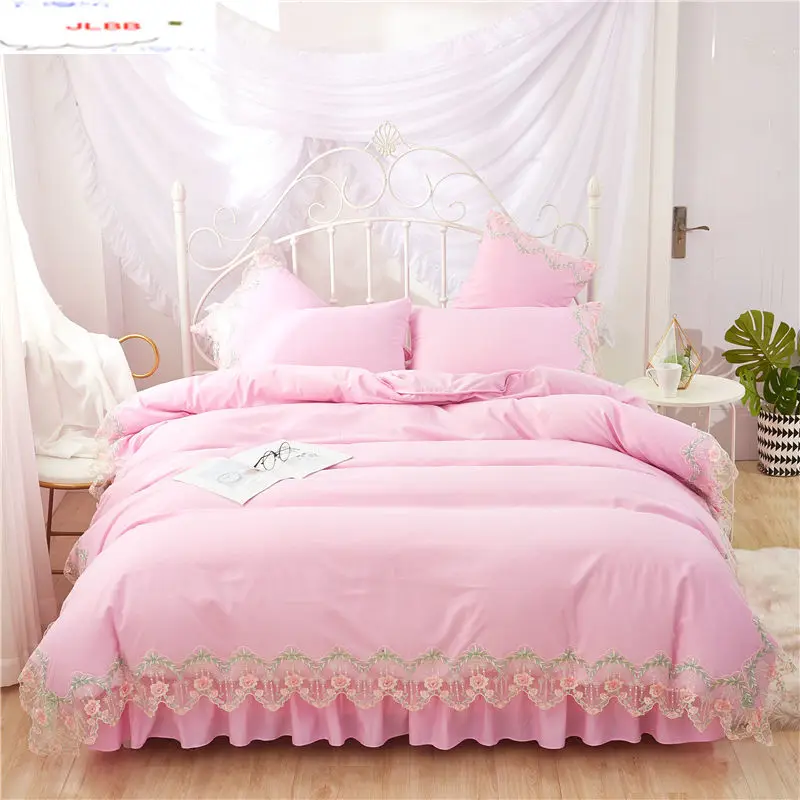 

Pink lace bedding sets full queen king duvet cover princess girls bed skirt bedclothes beautiful quilt cover sets fitted sheet
