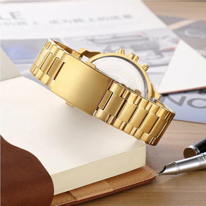 hot fashion mens watches top brand luxury cagarny dual display military relogio masculino gold steel quartz watch men male clock free global shipping