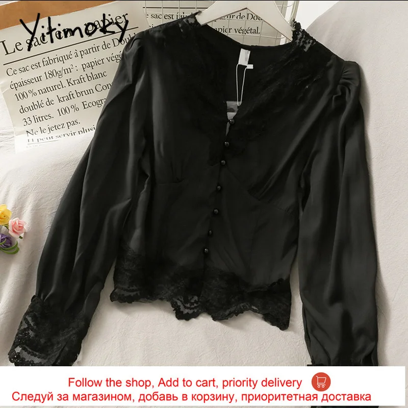 

Yitimoky Women Lace Patchwork Blouses Spring Summer 2021 Fashion New Clothing O-Neck Office Lady Single Breasted Button Crop Top