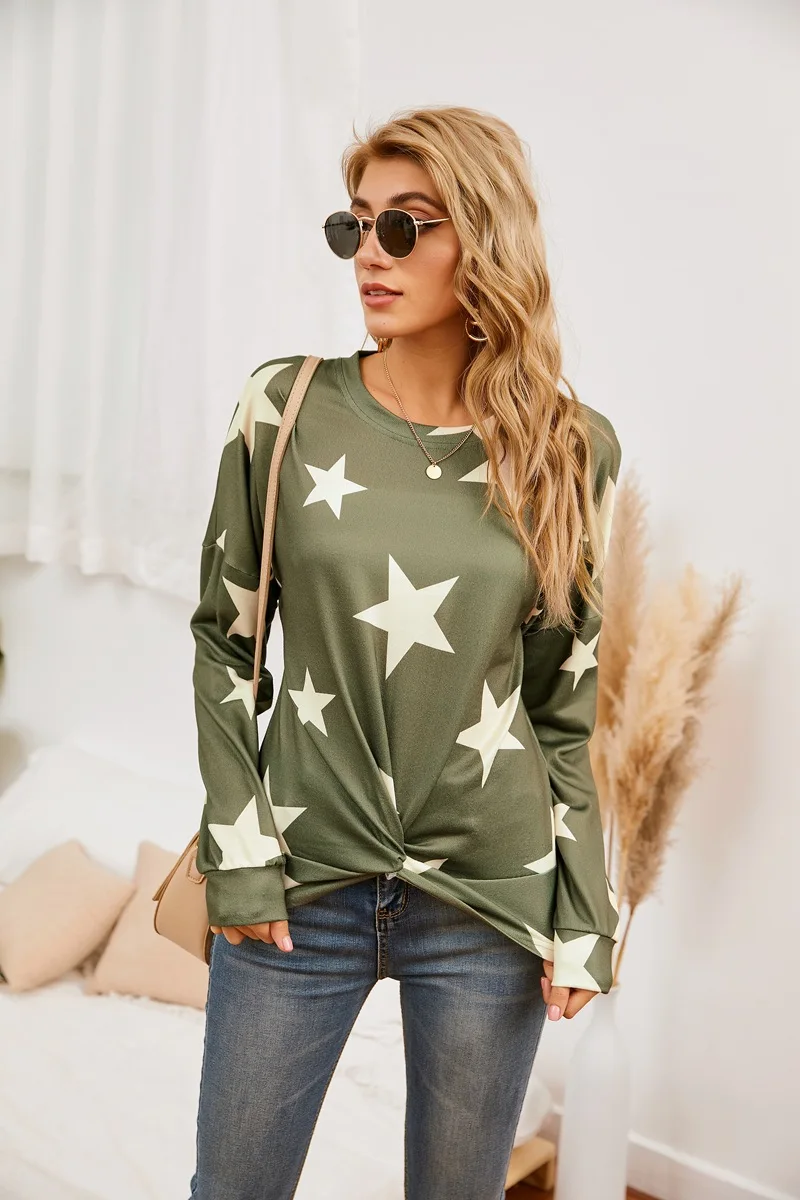 

2021 spring female star pattern long sleeve personality irregular T-shirt round neck top female