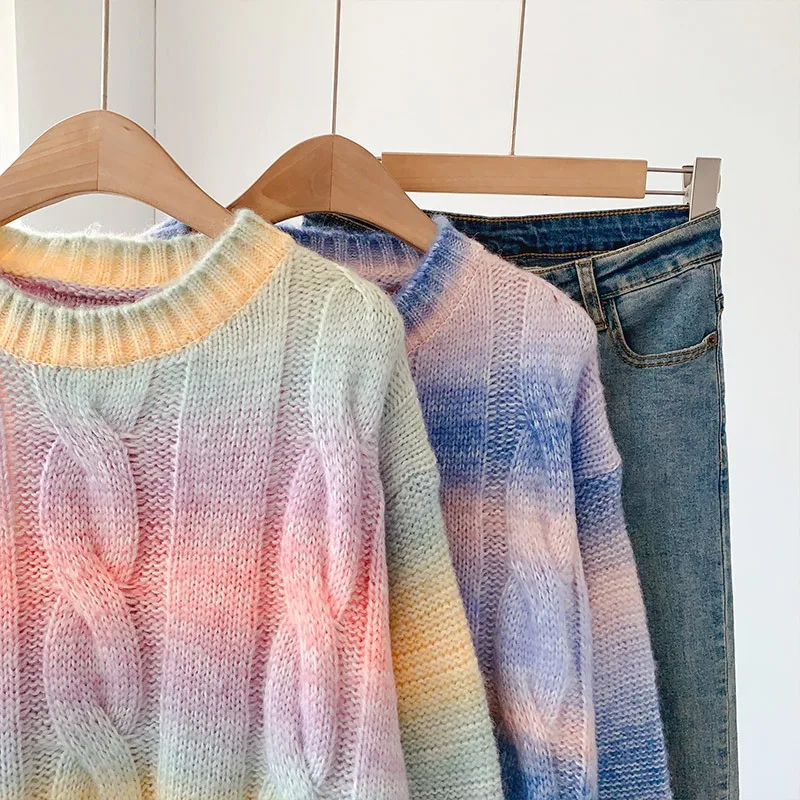 

Oversized Sweater Autumn Winter Loose Knitted Sweaters Women Rainbow Striped Sweaters Korean Pullovers Knitwear Jerseys Mujer