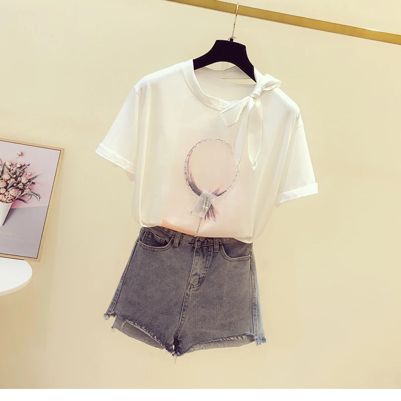 

2021 summer new short sleeve bow tie T-shirt women's top Black
