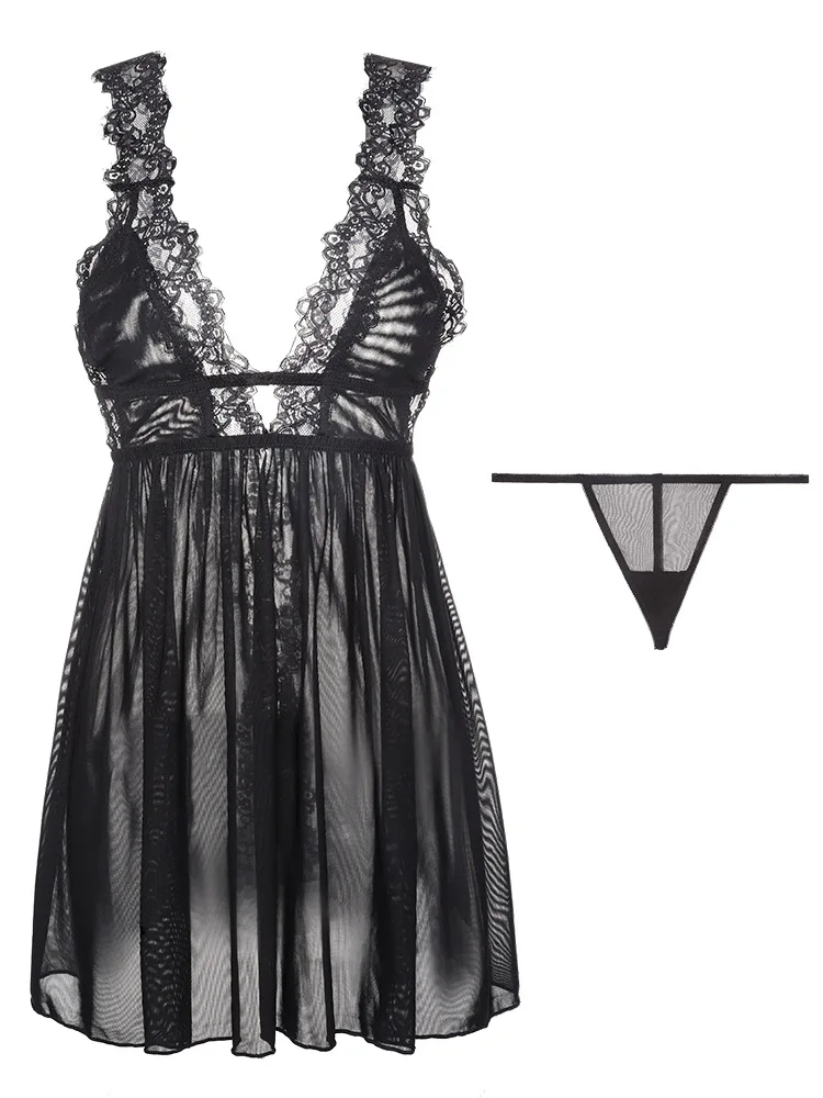 

Summer Nightdress Ladies Sexy Lace Nightdress Embroidery Black Open Back Straps Sleepdress Lingerie Women Nightdress Nightgown