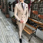 Новинка 2020, бежевый мужской костюм, 2 предмета, двубортный, с отворотами, плоский, приталенный, повседневный смокинг для свадьбы (Блейзер + брюки)