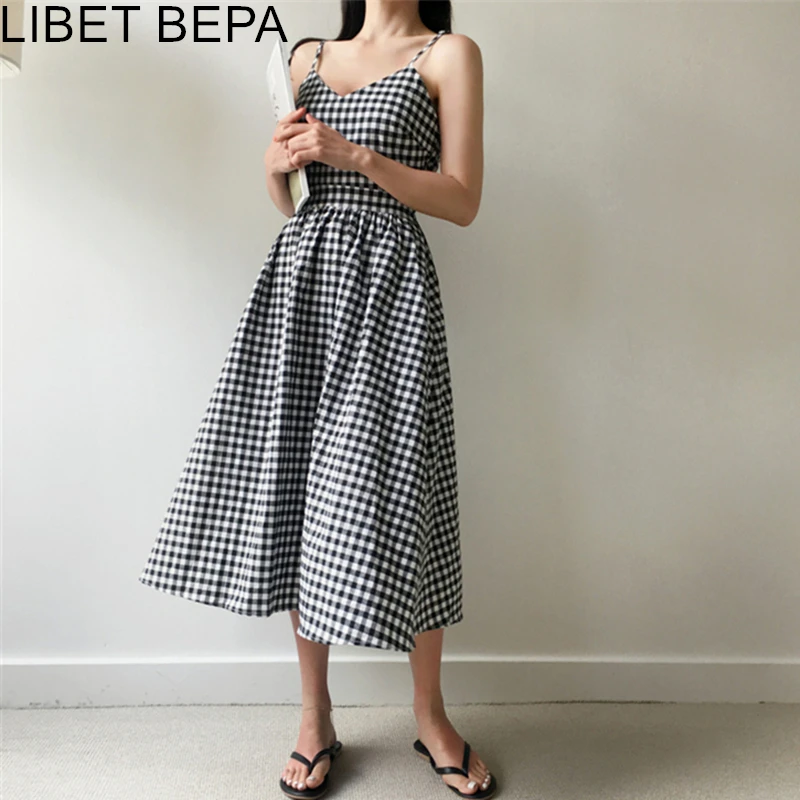 Женское длинное платье в клетку повседневное плиссированное из хлопка и льна с V