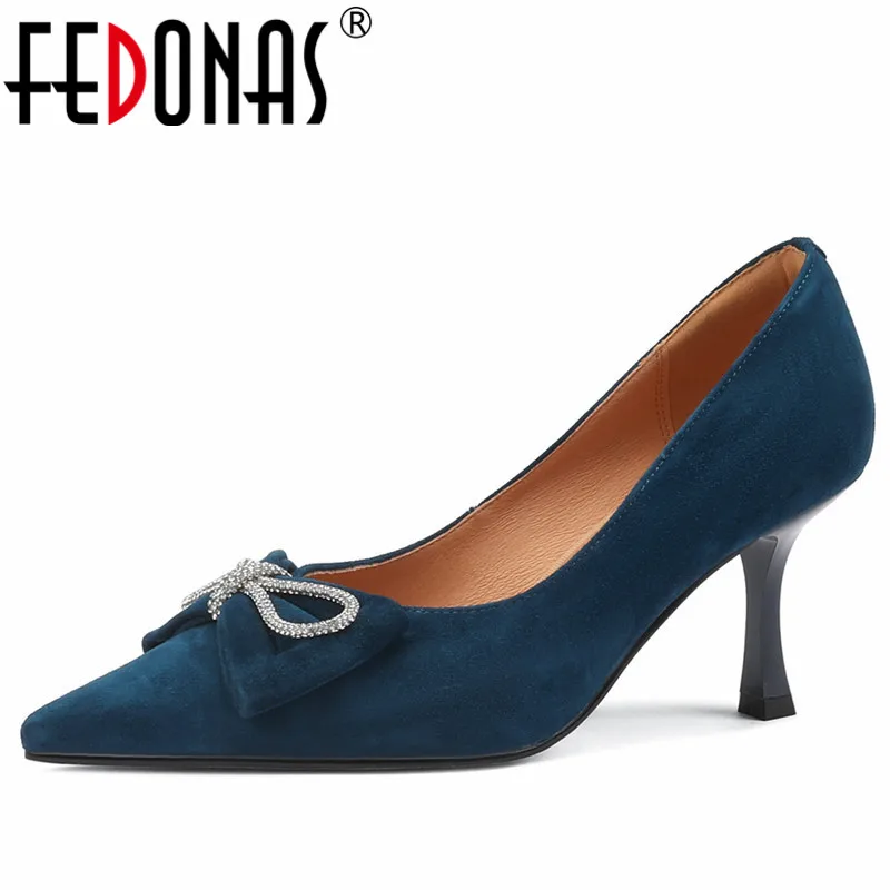 

FEDONAS Elegant Fashion Sexy Women Pumps Spring Wedding Party Prom New Butterfly-Knot Kid Suede Leather High Heels Shoes Woman