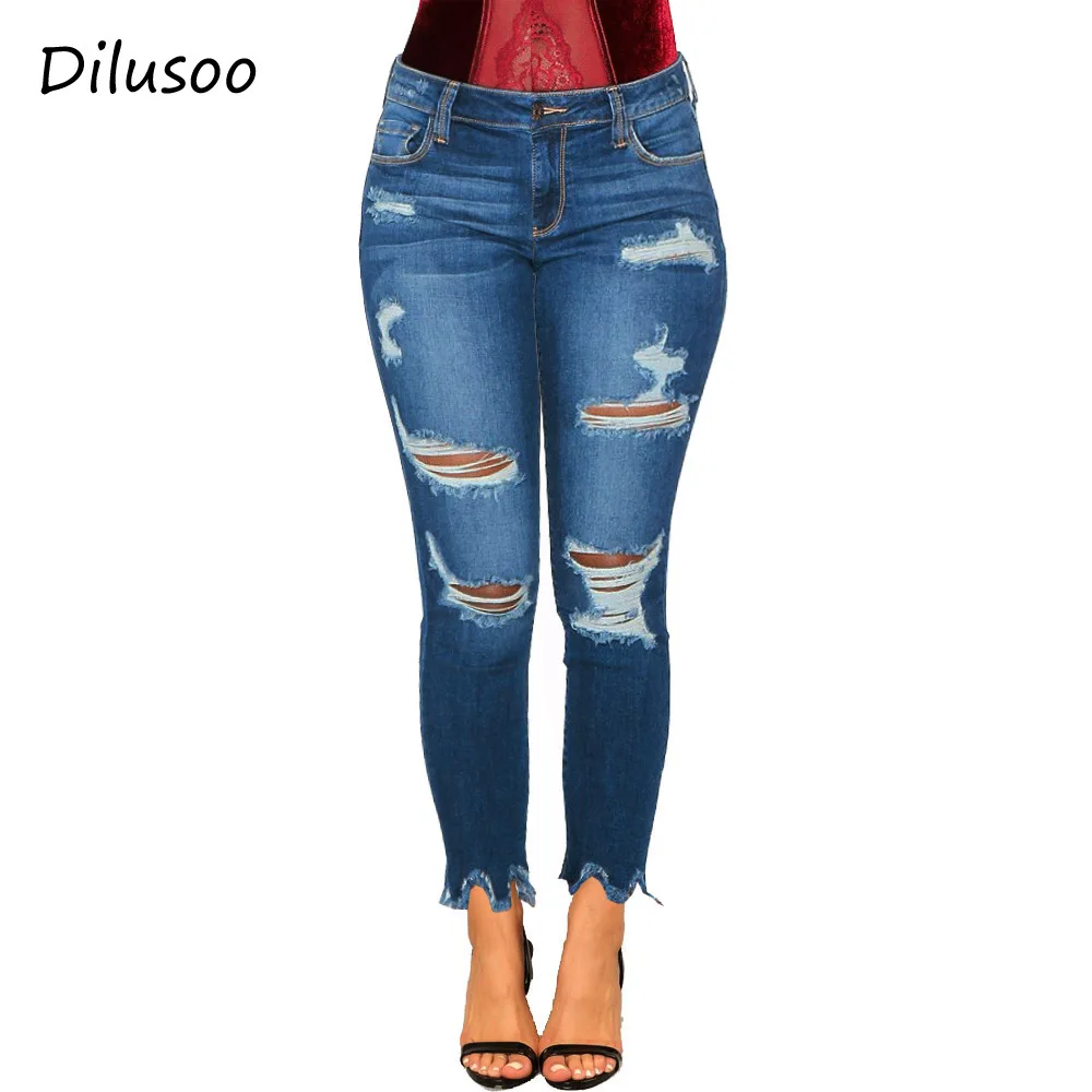 Женские джинсы Dilusoo со средней талией эластичные с дырками узкие брюки карандаш